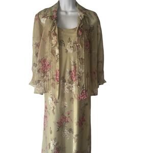 Virgo Petite M Vintage 90s Green Floral Chiffon Church Feminine Maxi Dress